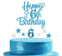 mciskin Blue 6th Birthday Candles Cake Toppers Set,3D Number 6 Candle for Cake,Light Blue Candles Silver Star Toppers for Girls Boys 6th Birthday Decorations Party Supplies