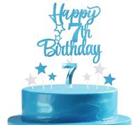 mciskin Blue 7th Birthday Candles Cake Toppers Set,3D Number 7 Candle for Cake,Light Blue Candles Silver Star Toppers for Girls Boys 7th Birthday Decorations Party Supplies
