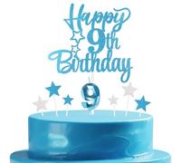 mciskin Blue 9th Birthday Candles Cake Toppers Set,3D Number 9 Candle for Cake,Light Blue Candles Silver Star Toppers for Girls Boys 9th Birthday Decorations Party Supplies