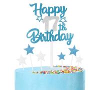 mciskin Blue and Silver Party Decorations,Girls Boys 17th Birthday Decorations,Personalised Cake/Cupcake Toppers Decorate for Boy,Blue Silver Happy 17th Birthday Cake Toppers for Party Favor Supplies