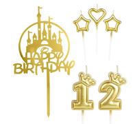 mciskin Girls Happy 12th Birthday Candles Cake Toppers, Gold Castle Cake Toppers, Crown Number 12 Candle for Cake, Candles Cake Cupcake Topper for Women Birthday Decorations 12th Wedding Anniversary