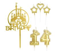 mciskin Girls Happy 14th Birthday Candles Cake Toppers, Gold Castle Cake Toppers, Crown Number 14 Candle for Cake, Candles Cake Cupcake Topper for Women Birthday Decorations 14th Wedding Anniversary