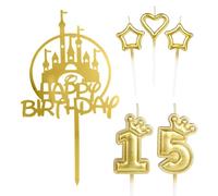mciskin Girls Happy 15th Birthday Candles Cake Toppers, Gold Castle Cake Toppers, Crown Number 15 Candle for Cake, Candles Cake Cupcake Topper for Women Birthday Decorations 15th Wedding Anniversary