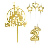 mciskin Girls Happy 2nd Birthday Candles Cake Toppers, Gold Castle Cake Topper, Crown Number 2 Candle for Cake, Candles Cake Cupcake Topper for Baby Birthday Party Decorations 2nd Wedding Anniversary
