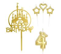 mciskin Girls Happy 4th Birthday Candles Cake Toppers, Gold Castle Cake Topper, Crown Number 4 Candle for Cake, Candles Cake Cupcake Topper for Baby Birthday Party Decorations 4th Wedding Anniversary