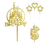 mciskin Girls Happy 5th Birthday Candles Cake Toppers, Gold Castle Cake Topper, Crown Number 5 Candle for Cake, Candles Cake Cupcake Topper for Baby Birthday Party Decorations 5th Wedding Anniversary