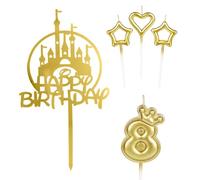 mciskin Girls Happy 8th Birthday Candles Cake Toppers, Gold Castle Cake Topper, Crown Number 8 Candle for Cake, Candles Cake Cupcake Topper for Baby Birthday Party Decorations 8th Wedding Anniversary