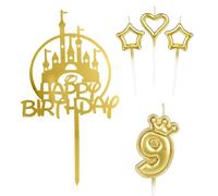 mciskin Girls Happy 9th Birthday Candles Cake Toppers, Gold Castle Cake Topper, Crown Number 9 Candle for Cake, Candles Cake Cupcake Topper for Baby Birthday Party Decorations 9th Wedding Anniversary
