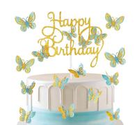 mciskin Gold Blue Happy Birthday Cake Toppers, Blue Gold Butterfly Cake Toppers for Cake, Glitter Butterfly Cake Decorations, Butterfly Theme Cake Cupcake Toppers for Girls Women Birthday Decorations