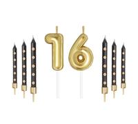 Mciskin Gold Number Candles with Black Stick Candles for Cake, 16th Happy Birthday Candles, Black Candle for Women, Gold 16 Candles Cake Toppers for Girls Boys Birthday Wedding Anniversary Decorations