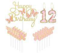 mciskin Gold Pink Happy 12th Birthday Candles,Butterfly Cake Decorations,Gold Pink Number 12 Candle for Cake Toppers Girls,Glitter Butterfly Topper for Girls' 12th Birthday Decorations