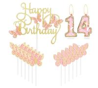 mciskin Gold Pink Happy 14th Birthday Candles,Butterfly Cake Decorations,Gold Pink Number 14 Candle for Cake Toppers Girls,Glitter Butterfly Topper for Girls' 14th Birthday Decorations