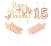 mciskin Gold Pink Happy 15th Birthday Candles,Butterfly Cake Decorations,Gold Pink Number 15 Candle for Cake Toppers Girls,Glitter Butterfly Topper for Girls' 15th Birthday Decorations