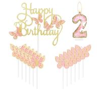mciskin Gold Pink Happy 2nd Birthday Candles,Butterfly Cake Decorations,Gold Pink Number 2 Candle for Cake Toppers Girls,Glitter Butterfly Topper for Girls' 2nd Birthday Decorations