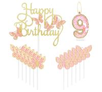 mciskin Gold Pink Happy 9th Birthday Candles,Butterfly Cake Decorations,Gold Pink Number 9 Candle for Cake Toppers Girls,Glitter Butterfly Topper for Girls' 9th Birthday Decorations