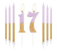 mciskin Gold Purple Number 17 Candles with Long Candles, Purple Happy 17th Birthday Cake Decorations, Birthday Cake Toppers, Wedding Anniversary