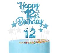 mciskin Happy 12th Birthday Candles Cake Toppers Set, Blue Number 12 Candle for Birthday Cake, Birthday Candles Cake Toppers for Girls Boys Birthday Decorations, Blue Silver Star Cake Cupcake Toppers