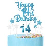 mciskin Happy 14th Birthday Candles Cake Toppers Set, Blue Number 14 Candle, Birthday Candles Cake Toppers for Girls Boys Birthday Decorations