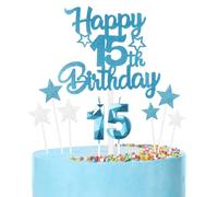 mciskin Happy 15th Birthday Candles Cake Toppers Set, Blue Number 15 Candle for Birthday Cake, Birthday Candles Cake Toppers for Girls Boys Birthday Decorations, Blue Silver Star Cake Cupcake Toppers