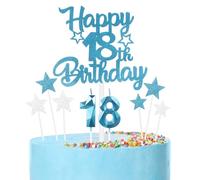 mciskin Happy 18th Birthday Candles Cake Toppers Set, Blue Number 18 Candle for Birthday Cake, Birthday Candles Cake Toppers for Girls Boys Birthday Decorations, Blue Silver Star Cake Cupcake Toppers