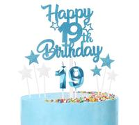 mciskin Happy 19th Birthday Candles Cake Toppers Set, Blue Number 19 Candle for Birthday Cake, Birthday Candles Cake Toppers for Girls Boys Birthday Decorations, Blue Silver Star Cake Cupcake Toppers