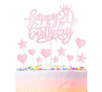 mciskin Happy 20th Birthday Cake Toppers - Pink Glitter Heart Stars Toppers for Women Girls' 20th Birthday Cake Decorations