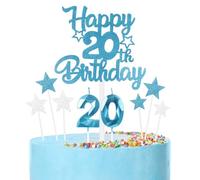 mciskin Happy 20th Birthday Candles Cake Toppers Set, Blue Number 20 Candle for Birthday Cake, Birthday Candles Cake Toppers for Girls Boys Birthday Decorations, Blue Silver Star Cake Cupcake Toppers