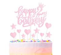 mciskin Happy 2nd Birthday Cake Toppers - Pink & Glitter Heart Stars for Girls' 2nd Birthday Cake Decorations