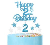 mciskin Happy 2nd Birthday Candles Cake Toppers Set, Blue Number 2 Candle for Cake, Girls Boys 2nd Birthday Decorations,3D Birthday Number Candles with Silver Star Toppers for Boy Girl