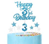 mciskin Happy 3rd Birthday Candles Cake Toppers Set,3rd Birthday Decorations for Boy,Blue Number 3 Candle for Cake,Blue Candle with Silver Star Cupcake Toppers for Girl Boy Birthday Party Decorations