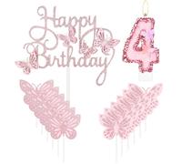 mciskin Happy 4th Birthday Candles,Butterfly Cake Decorations,Pink Number 4 Candle for Cake,Pink Cupcake Toppers Girls,Glitter Butterfly Topper for Girls' 4th Birthday Decorations