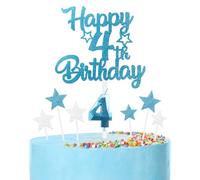 mciskin Happy 4th Birthday Candles Cake Toppers Set, Blue Number 4 Candle for Cake, Girls Boys 4th Birthday Decorations,3D Birthday Number Candles with Silver Star Toppers for Boy Girl