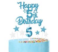 mciskin Happy 5th Birthday Candles & Cake Toppers Set, Blue Number 5 Candle, Silver Star Toppers for Boys & Girls Birthday Cake