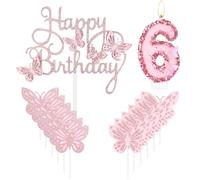 mciskin Happy 6th Birthday Candles,Butterfly Cake Decorations,Pink Number 6 Candle for Cake,Pink Cupcake Toppers Girls,Glitter Butterfly Topper for Girls' 6th Birthday Decorations