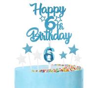 mciskin Happy 6th Birthday Candles Cake Toppers Set, Blue Number 6 Candle for Cake, Girls Boys 6th Birthday Decorations,3D Birthday Number Candles with Silver Star Toppers for Boy Girl
