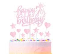 mciskin Happy 7th Birthday Cake Toppers - Pink & Glitter Heart Stars for Girls' 7th Birthday Cake Decorations