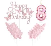 mciskin Happy 8th Birthday Candles,Butterfly Cake Decorations,Pink Number 8 Candle for Cake,Pink Cupcake Toppers Girls,Glitter Butterfly Topper for Girls' 8th Birthday Decorations