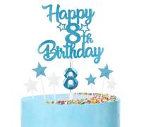 mciskin Happy 8th Birthday Candles Cake Toppers Set,8th Birthday Decorations for Boy,Blue Number 8 Candle for Cake,Blue Candle with Silver Star Cupcake Toppers for Girl Boy Birthday Party Decorations