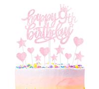 mciskin Happy 9th Birthday Cake Toppers - Pink & Glitter Heart Stars for Girls' 9th Birthday Cake Decorations