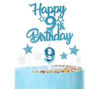 mciskin Happy 9th Birthday Candles Cake Toppers Set,9th Birthday Decorations for Boy,Blue Number 9 Candle for Cake,Blue Candle with Silver Star Cupcake Toppers for Girl Boy Birthday Party Decorations