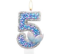 mciskin Mermaid Tail Birthday Candle, Purple Blue Pearl Flashing Number 5, Nautical Theme Birthday Cake Decoration