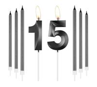mciskin Obsidian 15th Birthday Candles Set,Number 15 Candle with Long Thin Candles for Cake,15th Birthday Decorations for Boys Girls,Black Candle Obsidian Cake Topper for Party Decor,Wedding Supplies