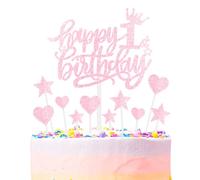 mciskin Pink Happy 1st Birthday Cake Toppers for Cake, Girls 1st Birthday Decorations,Personalised Cake Toppers for Girls,Glitter 1 Cake Topper Pink Cupcake Topper for Party Cake Decoration