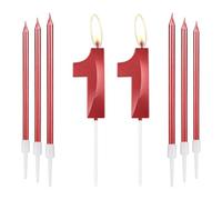 mciskin Red 11 Birthday Candles-3D Design Number 11 Candle for Cake with 6pcs Long/Thin Candles Set, Red Cake Topper for Girl 11th Birthday Decorations Supplies,11th Wedding Anniversary Decorations
