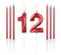 mciskin Red 12 Birthday Candles-3D Design Number 12 Candle for Cake with 6pcs Long/Thin Candles Set, Red Cake Topper for Girl 12th Birthday Decorations Supplies,12th Wedding Anniversary Decorations