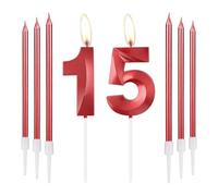 mciskin Red 15 Birthday Candles-3D Design Number 15 Candle for Cake with 6pcs Long/Thin Candles Set, Red Cake Topper for Girl 15th Birthday Decorations Supplies,15th Wedding Anniversary Decorations