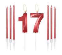 mciskin Red 17 Birthday Candles-3D Design Number 17 Candle for Cake with 6pcs Long/Thin Candles Set, Red Cake Topper for Girl 17th Birthday Decorations Supplies,17th Wedding Anniversary Decorations