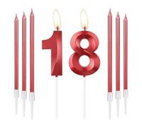 mciskin Red 18 Birthday Candles-3D Design Number 18 Candle for Cake with 6pcs Long/Thin Candles Set, Red Cake Topper for Girl 18th Birthday Decorations Supplies,18th Wedding Anniversary Decorations