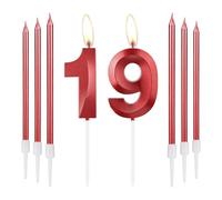 mciskin Red 19 Birthday Candles-3D Design Number 19 Candle for Cake with 6pcs Long/Thin Candles Set, Red Cake Topper for Girl 19th Birthday Decorations Supplies,19th Wedding Anniversary Decorations