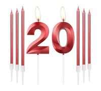 mciskin Red 20 Birthday Candles-3D Design Number 20 Candle for Cake with 6pcs Long/Thin Candles Set, Red Cake Topper for Girl 20th Birthday Decorations Supplies,20th Wedding Anniversary Decorations